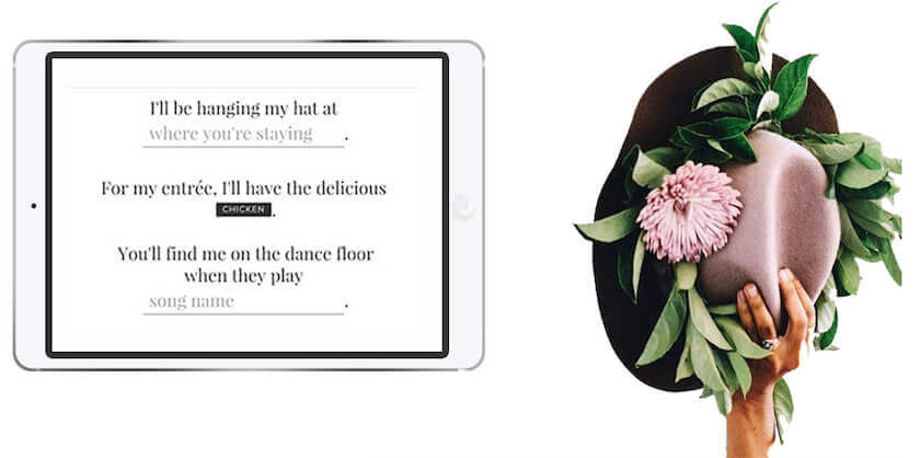 Photo of a wedding website RSVP form on an iPad device and a hat rimmed with flowers