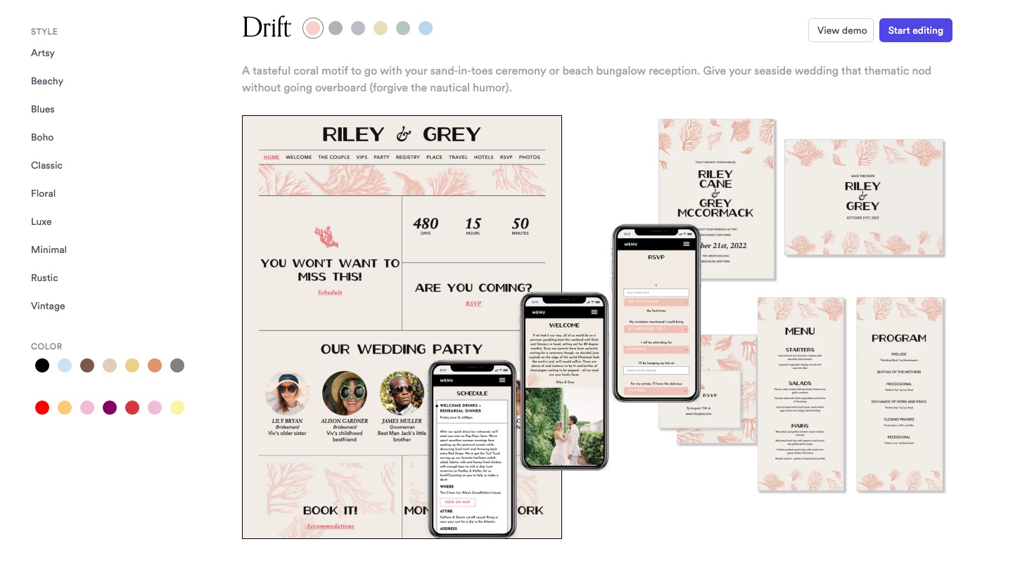 Riley & Grey wedding website designs, wedding invitation designs