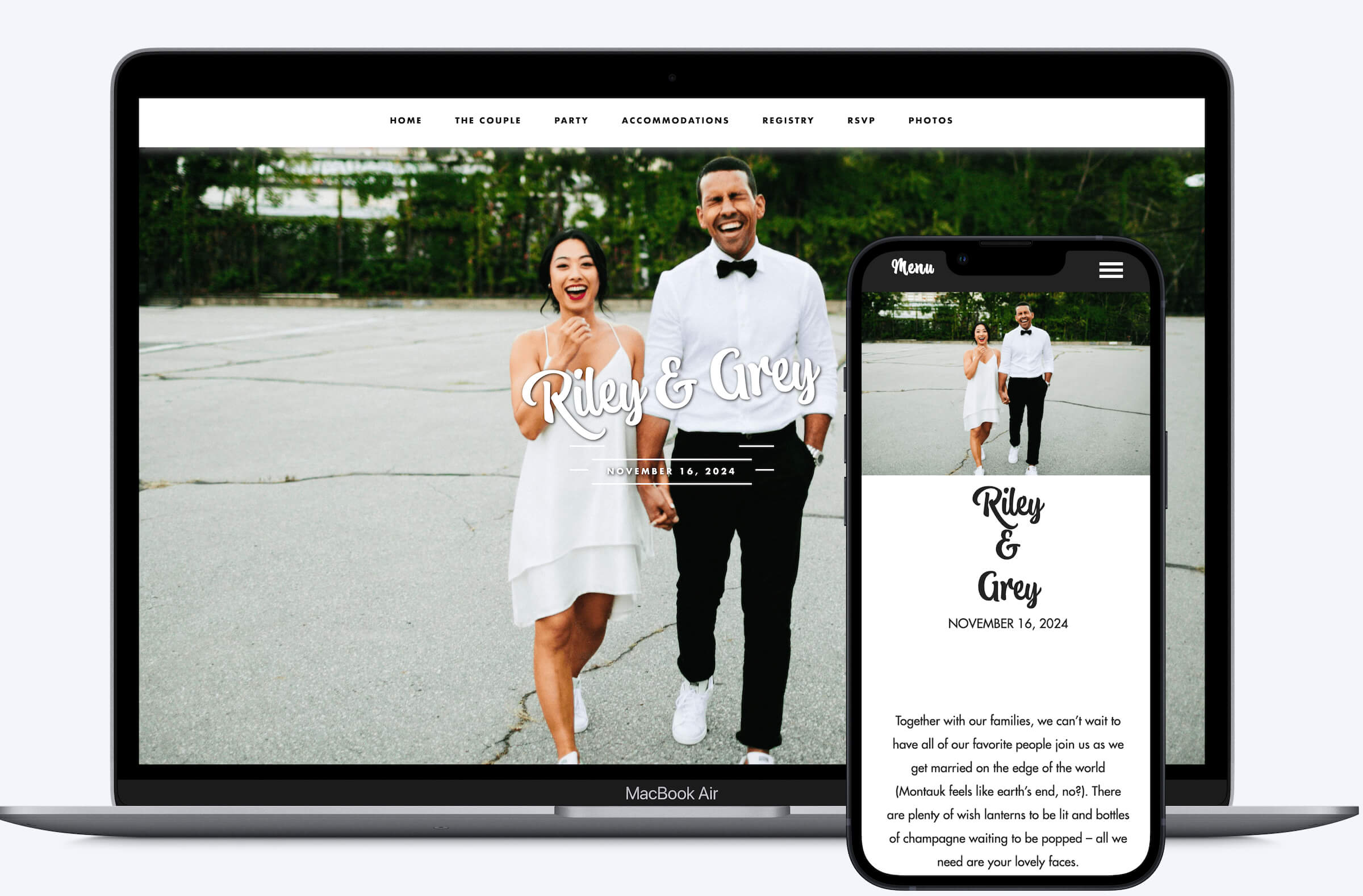 Example Riley & Grey wedding website displayed on a laptop and a mobile device
