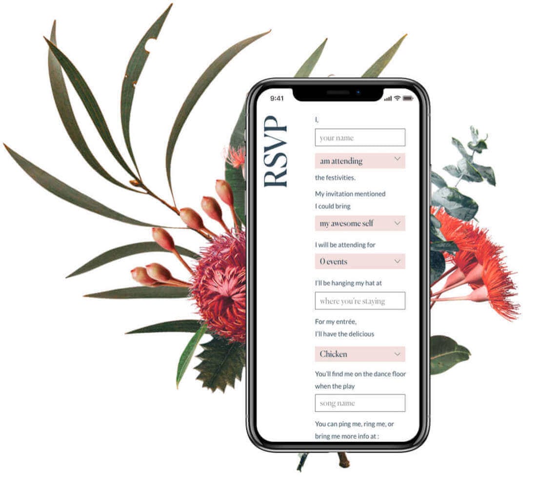 Wedding rsvp form displayed within an iPhone device