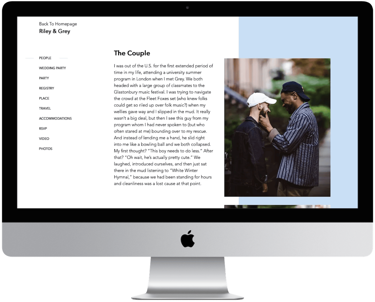 Wedding website home page displayed within an iMac device
