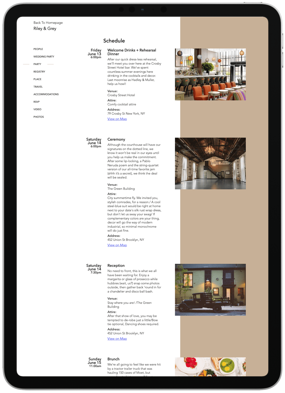 Wedding website schedule page displayed within an iMac device